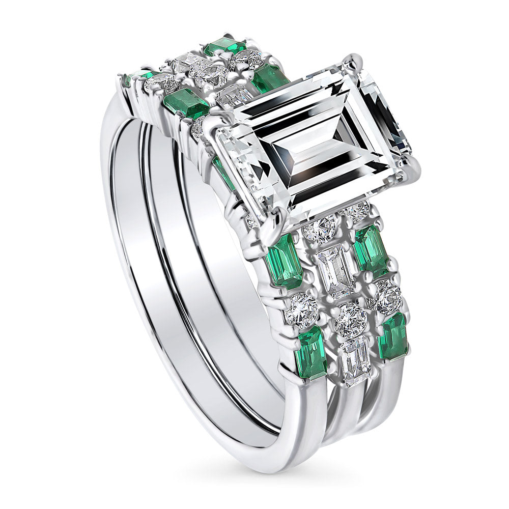 Solitaire Art Deco Emerald Cut CZ Ring Set in Sterling Silver