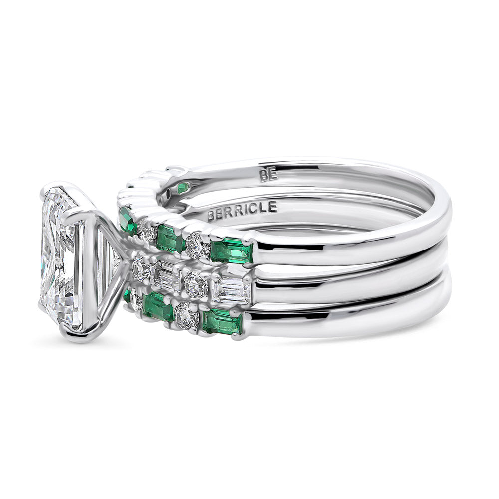 Angle view of Solitaire Art Deco Emerald Cut CZ Ring Set in Sterling Silver, 5 of 12