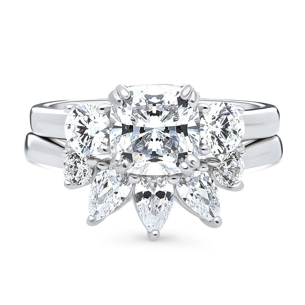 3-Stone 5-Stone Wishbone Cushion CZ Ring Set in Sterling Silver