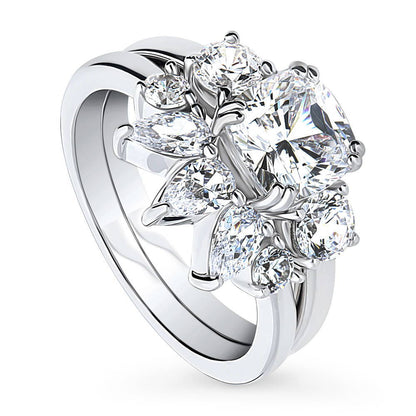 3-Stone 5-Stone Wishbone Cushion CZ Ring Set in Sterling Silver