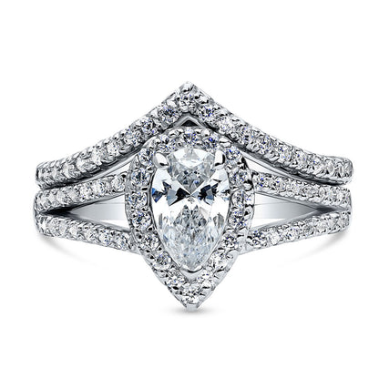 Halo Wishbone Pear CZ Split Shank Ring Set in Sterling Silver