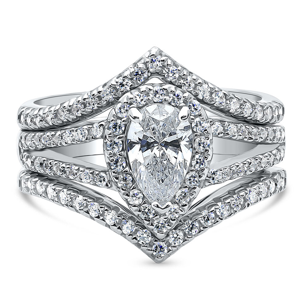 Halo Wishbone Pear CZ Split Shank Ring Set in Sterling Silver, 1 of 14