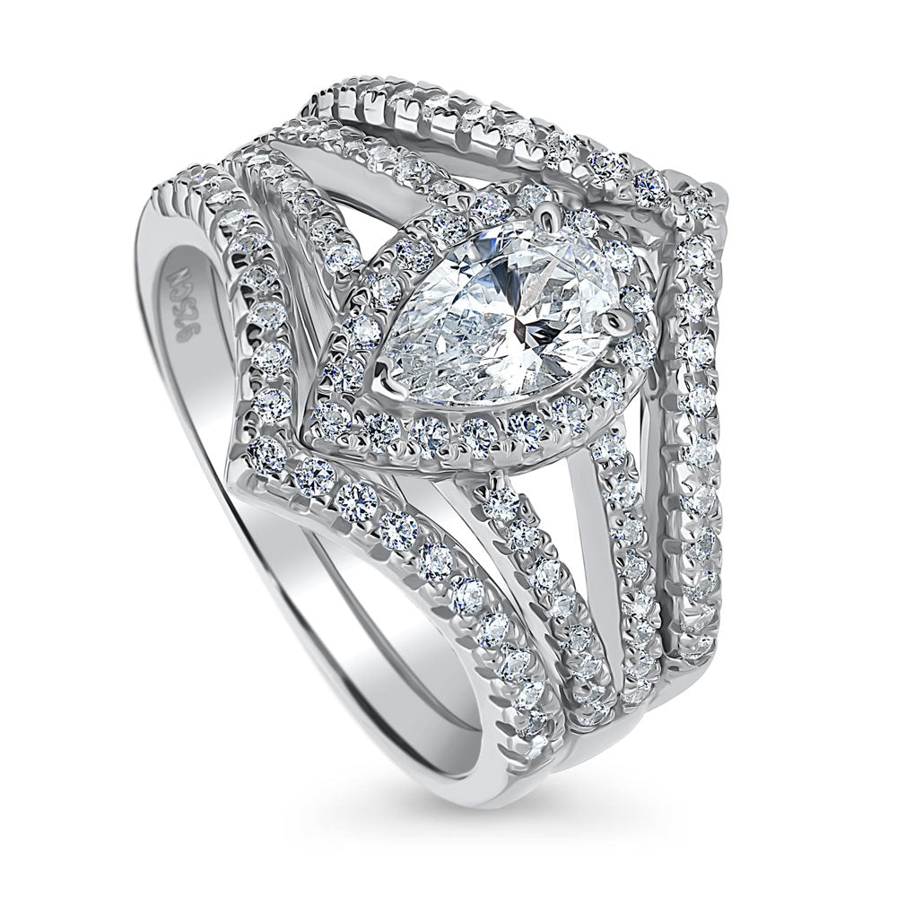 Front view of Halo Wishbone Pear CZ Split Shank Ring Set in Sterling Silver, 4 of 14