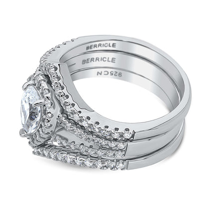 Halo Wishbone Pear CZ Split Shank Ring Set in Sterling Silver