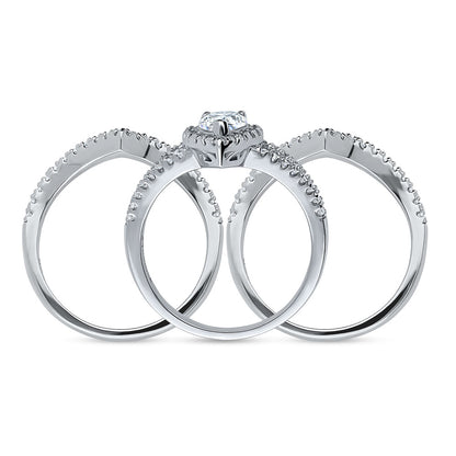 Halo Wishbone Pear CZ Split Shank Ring Set in Sterling Silver