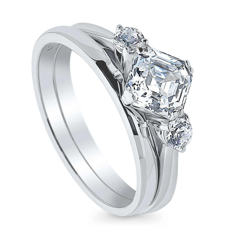 3-Stone Asscher CZ Ring Set in Sterling Silver