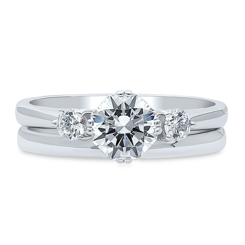 3-Stone Octagon Sun CZ Ring Set in Sterling Silver