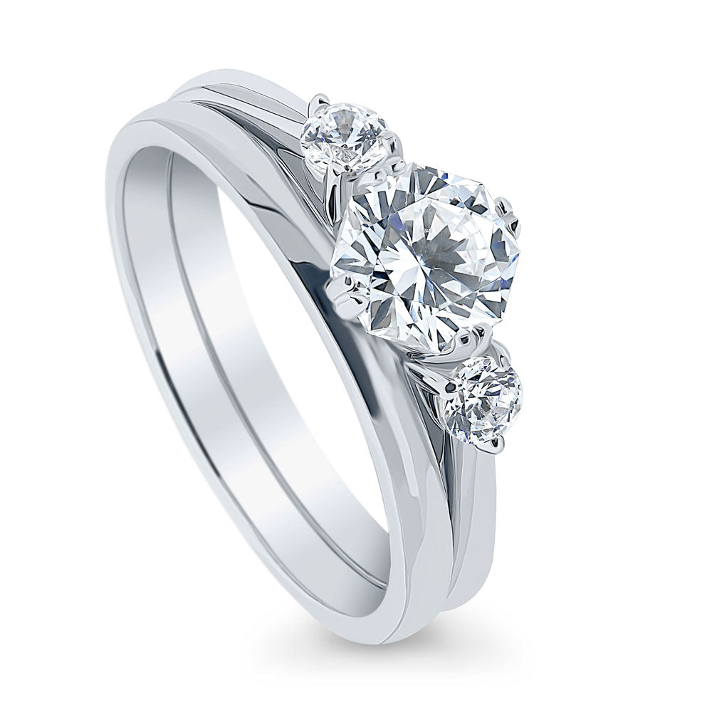 Front view of 3-Stone 1.25ct Octagon Sun Cut CZ Ring Set in Sterling Silver, 4 of 10