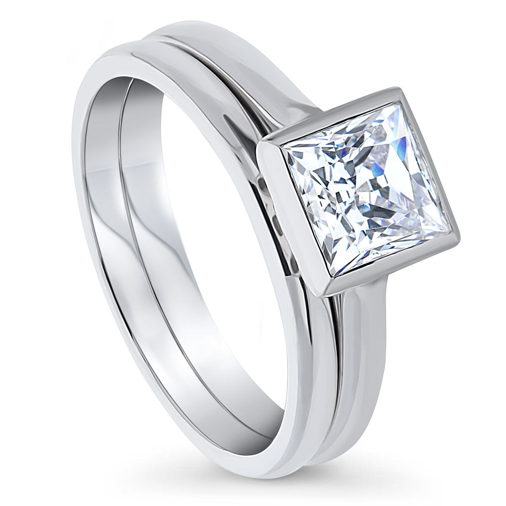 Solitaire 1.2ct Bezel Set Princess CZ Ring Set in Sterling Silver