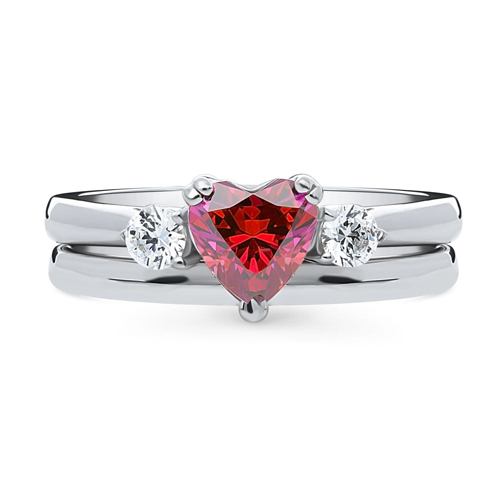 3-Stone Heart 0.7ct Red Heart CZ Ring Set in Sterling Silver, 1 of 17