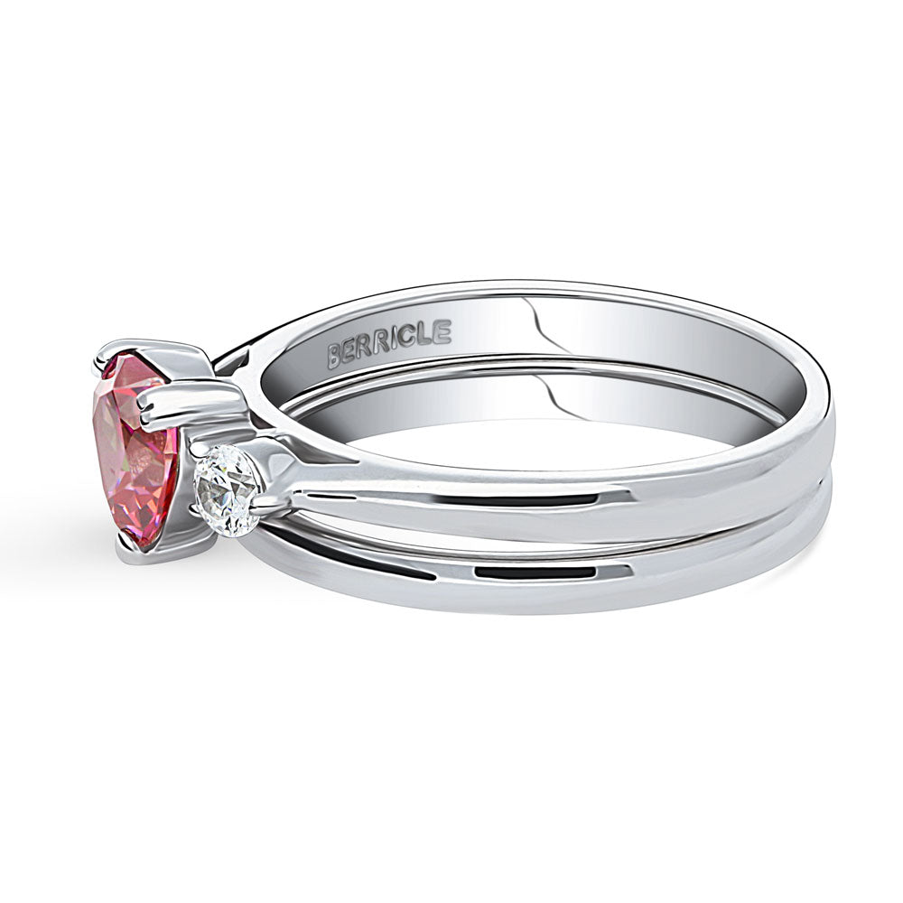 3-Stone Red Heart CZ Ring Set in Sterling Silver