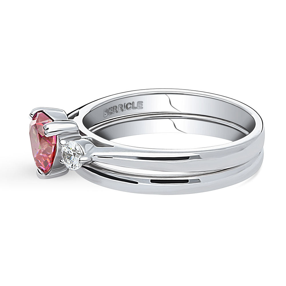 Angle view of 3-Stone Heart 0.7ct Red Heart CZ Ring Set in Sterling Silver, 5 of 17