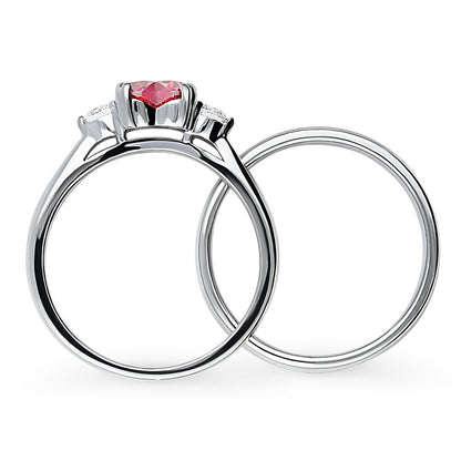 3-Stone Heart 0.7ct Red Heart CZ Ring Set in Sterling Silver