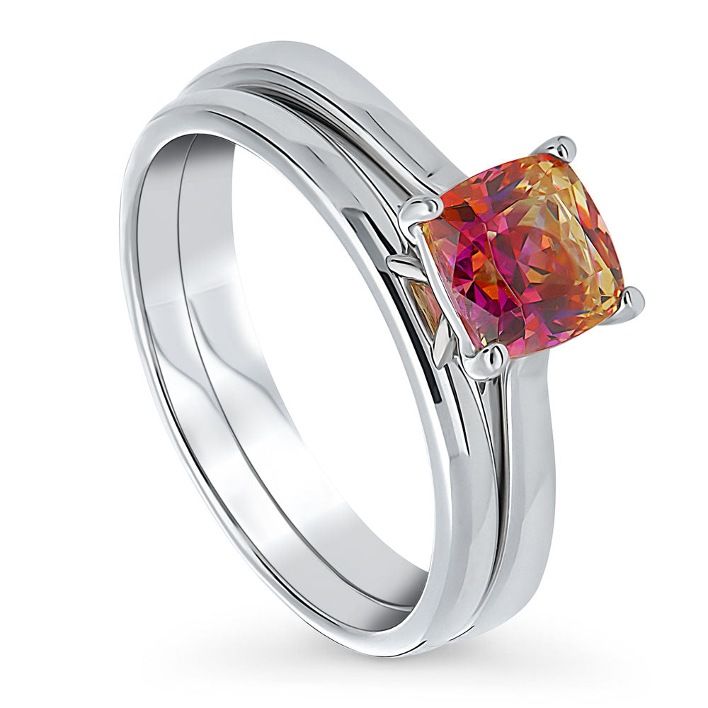 Front view of Solitaire Kaleidoscope Red Orange CZ Ring Set in Sterling Silver, 4 of 11