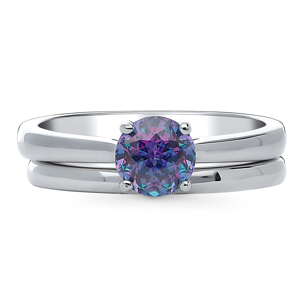 Kaleidoscope Solitaire Purple Aqua CZ Ring Set in Sterling Silver