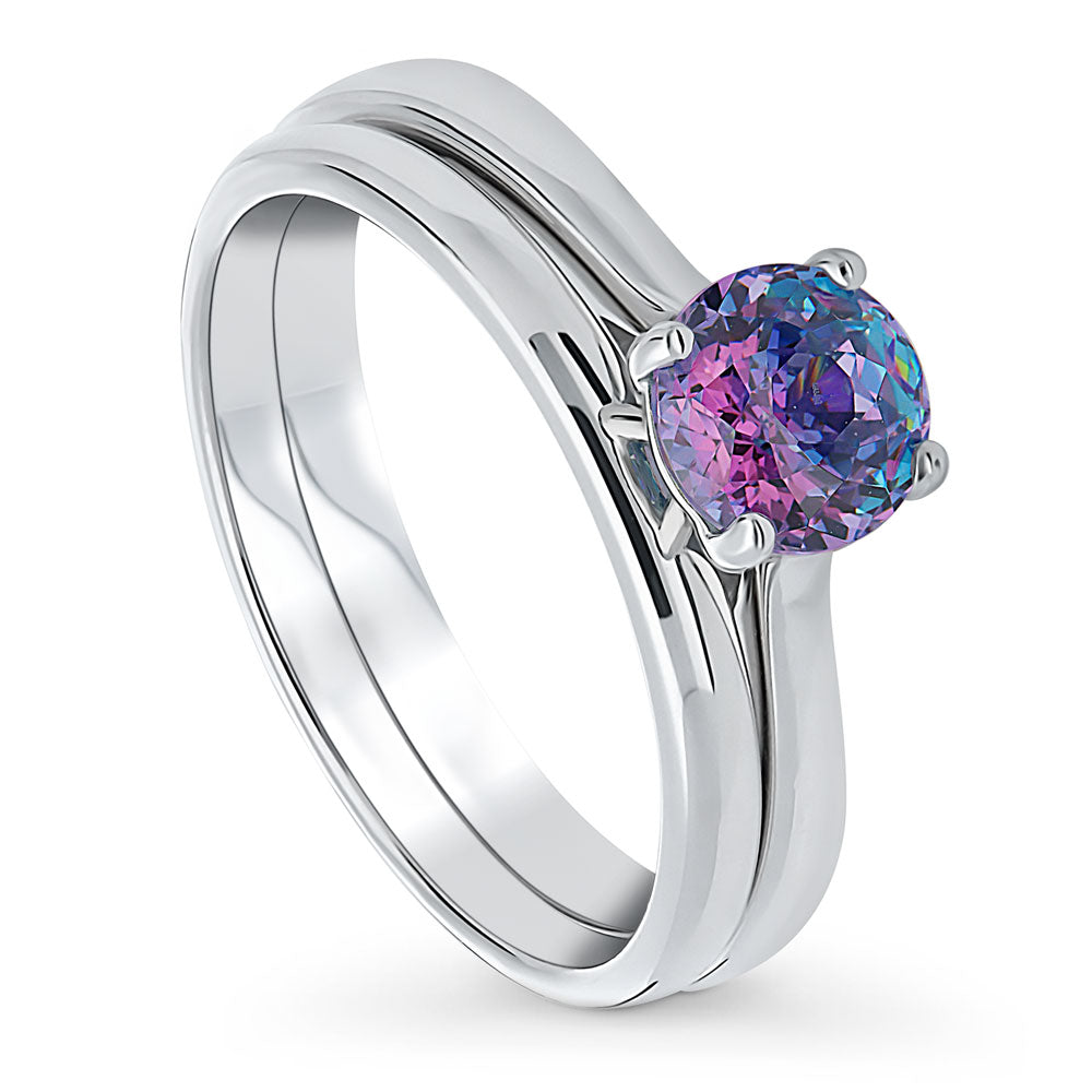 Kaleidoscope Solitaire Purple Aqua CZ Ring Set in Sterling Silver