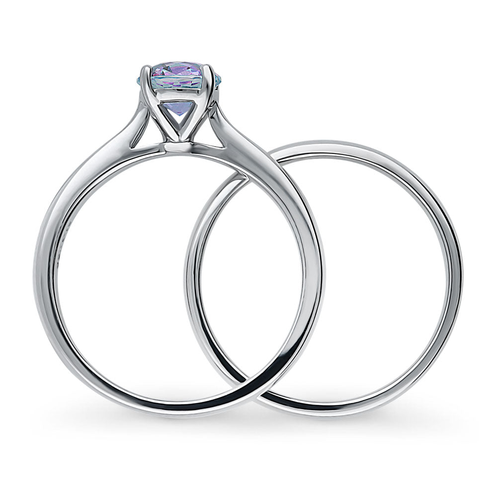 Kaleidoscope Solitaire Purple Aqua CZ Ring Set in Sterling Silver