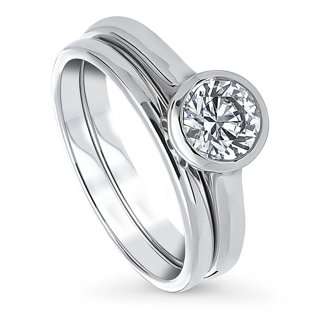 Front view of Solitaire 0.8ct Bezel Set Round CZ Ring Set in Sterling Silver, 4 of 12