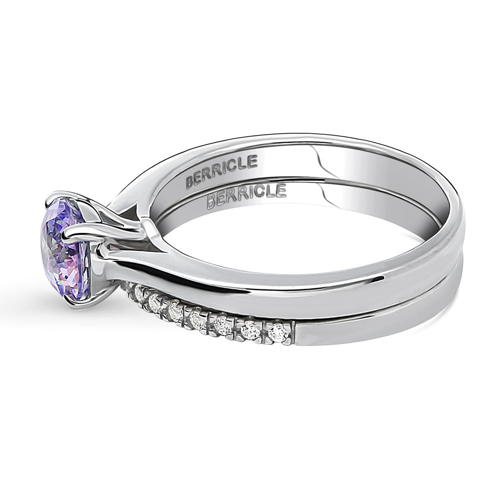 Kaleidoscope Solitaire Purple Aqua CZ Ring Set in Sterling Silver