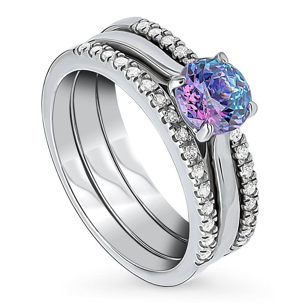 Front view of Solitaire 0.8ct Purple Aqua Round CZ Ring Set in Sterling Silver, 4 of 10