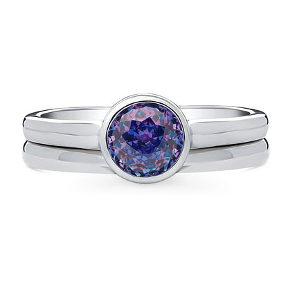 Solitaire Kaleidoscope Purple Aqua CZ Ring Set in Sterling Silver