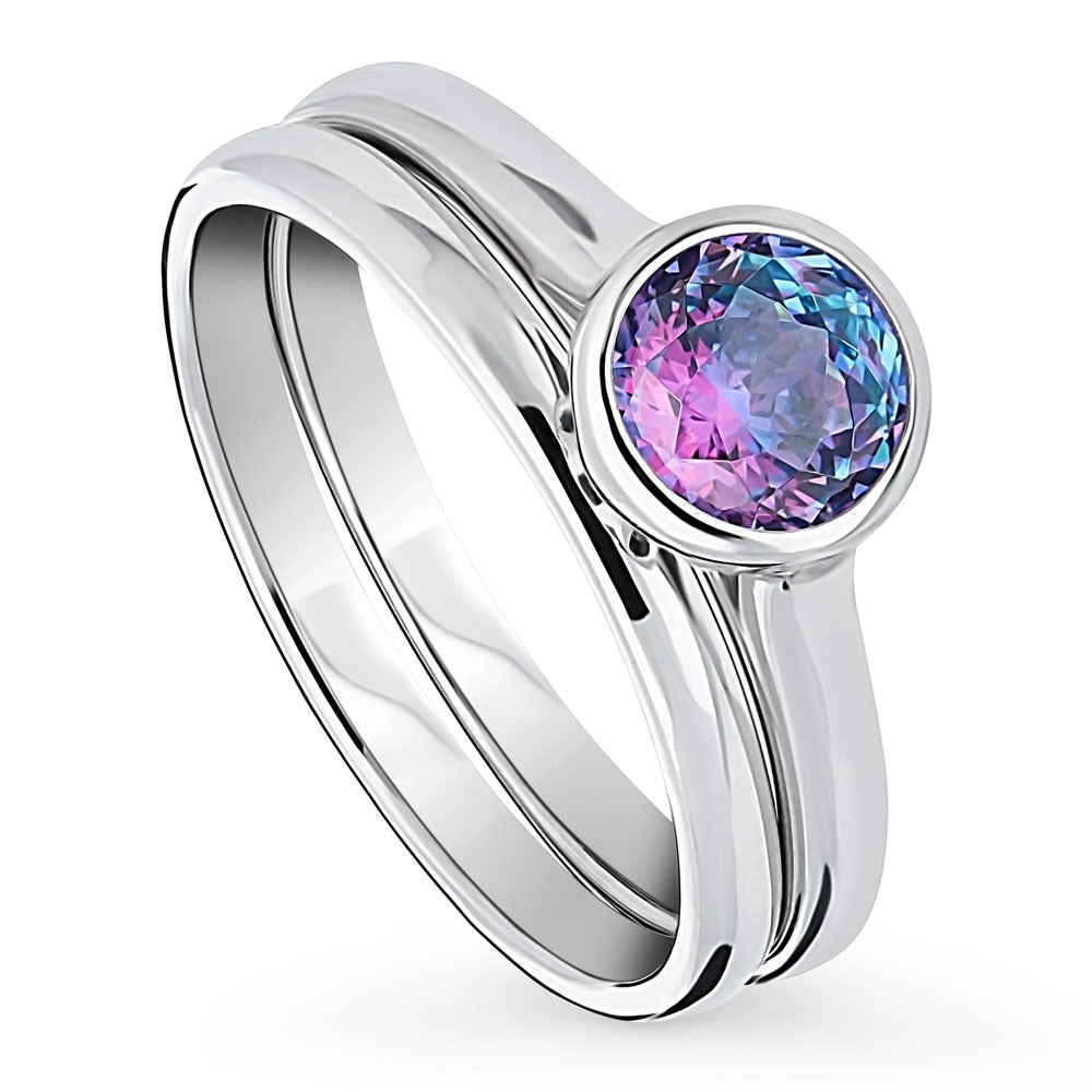 Front view of Solitaire Kaleidoscope Purple Aqua CZ Ring Set in Sterling Silver, 3 of 13