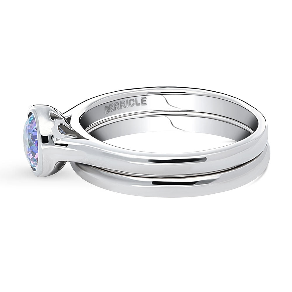 Angle view of Solitaire Kaleidoscope Purple Aqua CZ Ring Set in Sterling Silver, 4 of 13