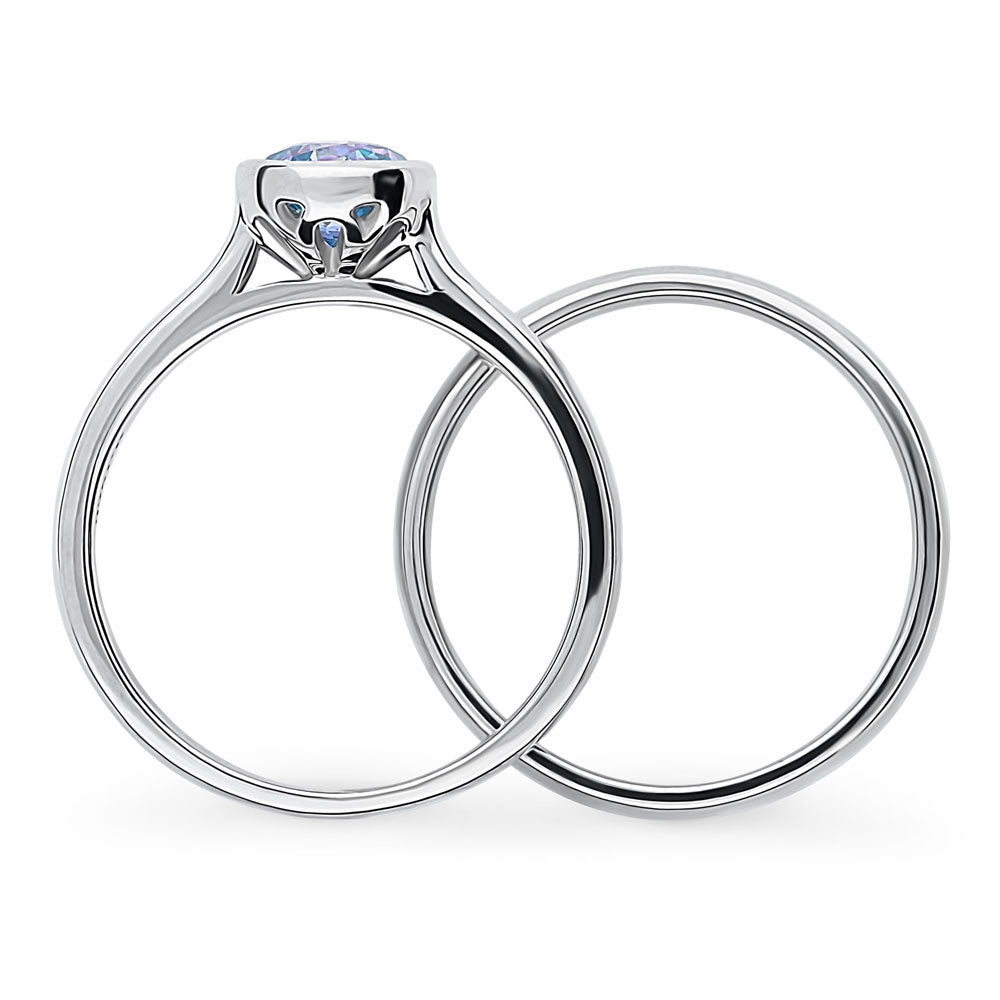 Solitaire Kaleidoscope Purple Aqua CZ Ring Set in Sterling Silver