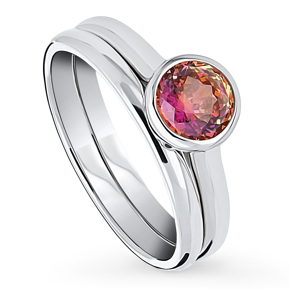 Front view of Solitaire Kaleidoscope Red Orange CZ Ring Set in Sterling Silver, 4 of 14