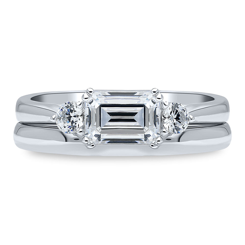 3-Stone East-West 1ct Emerald Cut CZ Ring Set in Sterling Silver, 1 of 12
