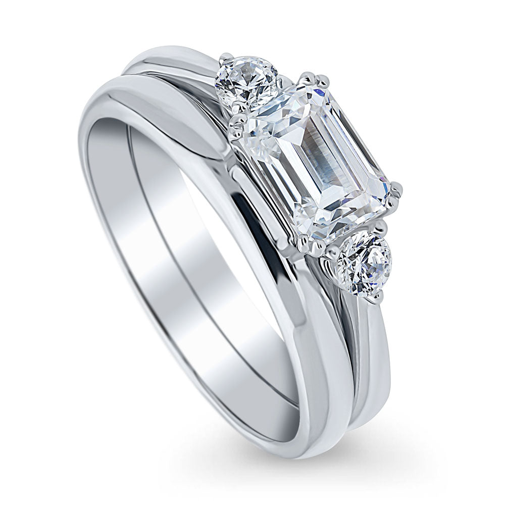 Front view of 3-Stone East-West 1ct Emerald Cut CZ Ring Set in Sterling Silver, 4 of 12