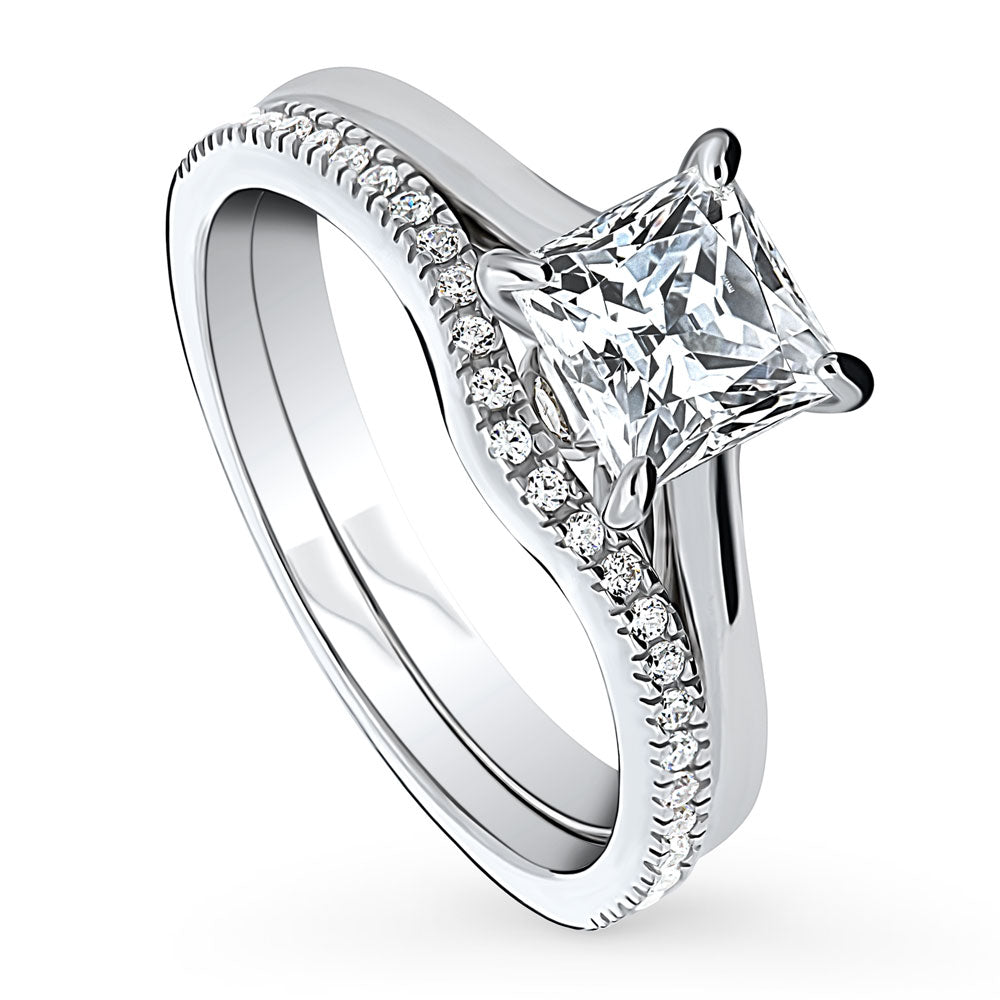 Front view of Solitaire Wishbone 1.2ct Princess CZ Ring Set in Sterling Silver, 4 of 12