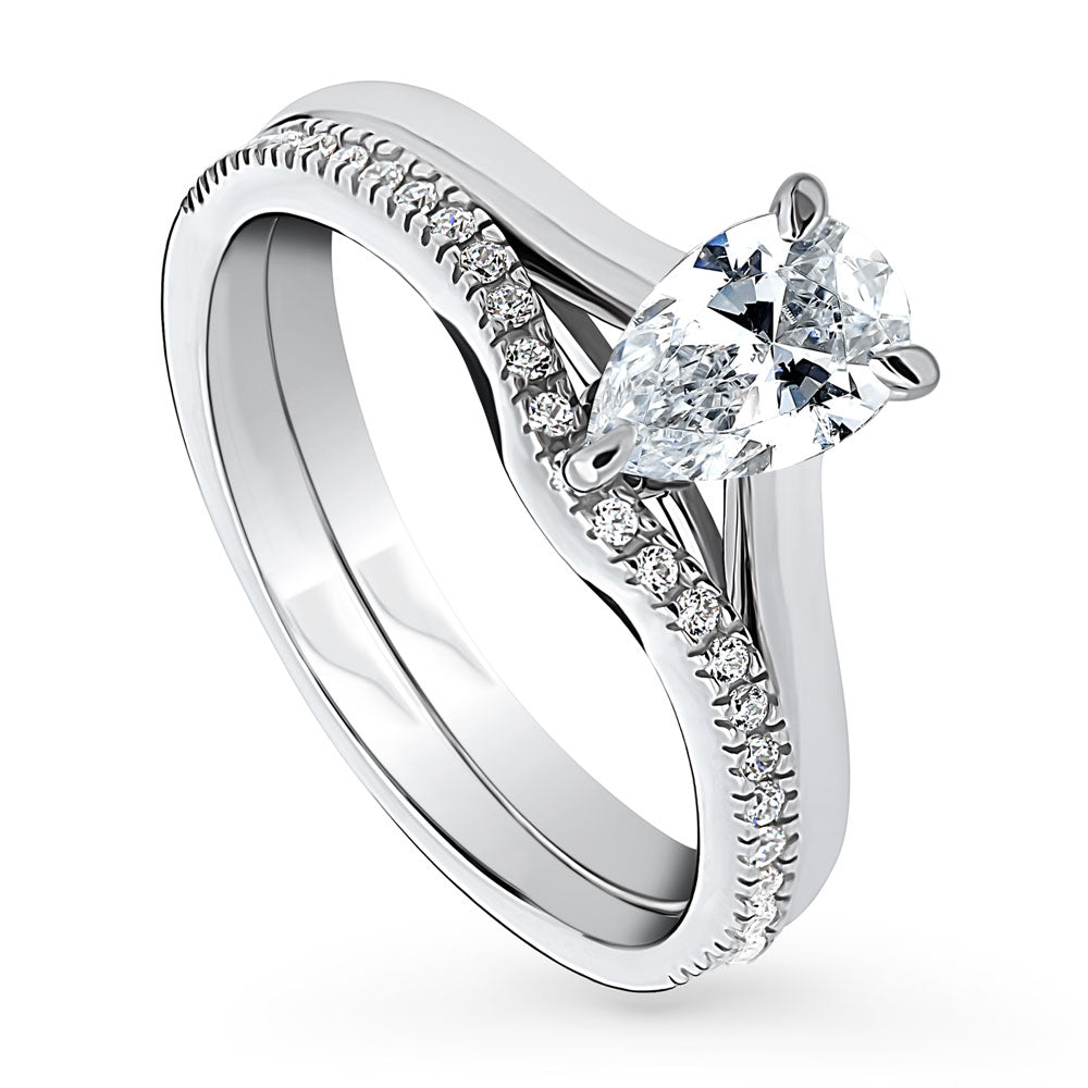 Front view of Solitaire Wishbone 0.8ct Pear CZ Ring Set in Sterling Silver, 4 of 12