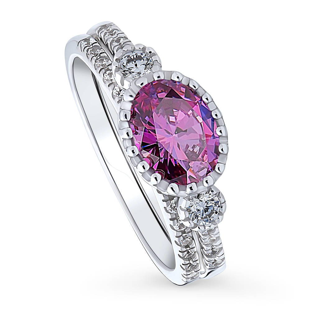 Front view of 3-Stone 1.2ct Purple Oval CZ Ring Set in Sterling Silver, 2 of 12