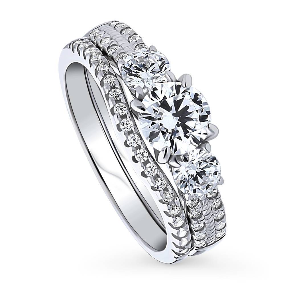 Front view of 3-Stone Round CZ Ring Set in Sterling Silver, 4 of 16