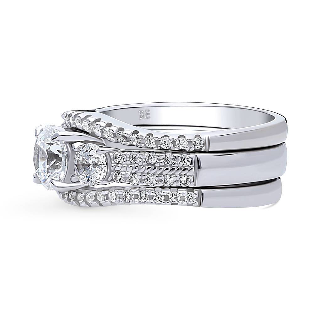 Angle view of 3-Stone Round CZ Ring Set in Sterling Silver, 5 of 16