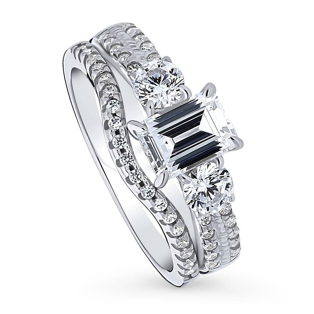 3-Stone Emerald Cut CZ Ring Set in Sterling Silver