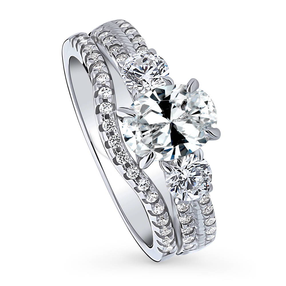 Front view of 3-Stone Oval CZ Ring Set in Sterling Silver, 4 of 16