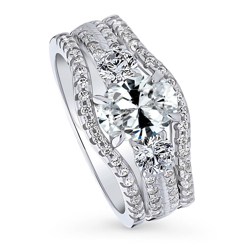 Front view of 3-Stone Oval CZ Ring Set in Sterling Silver, 4 of 16