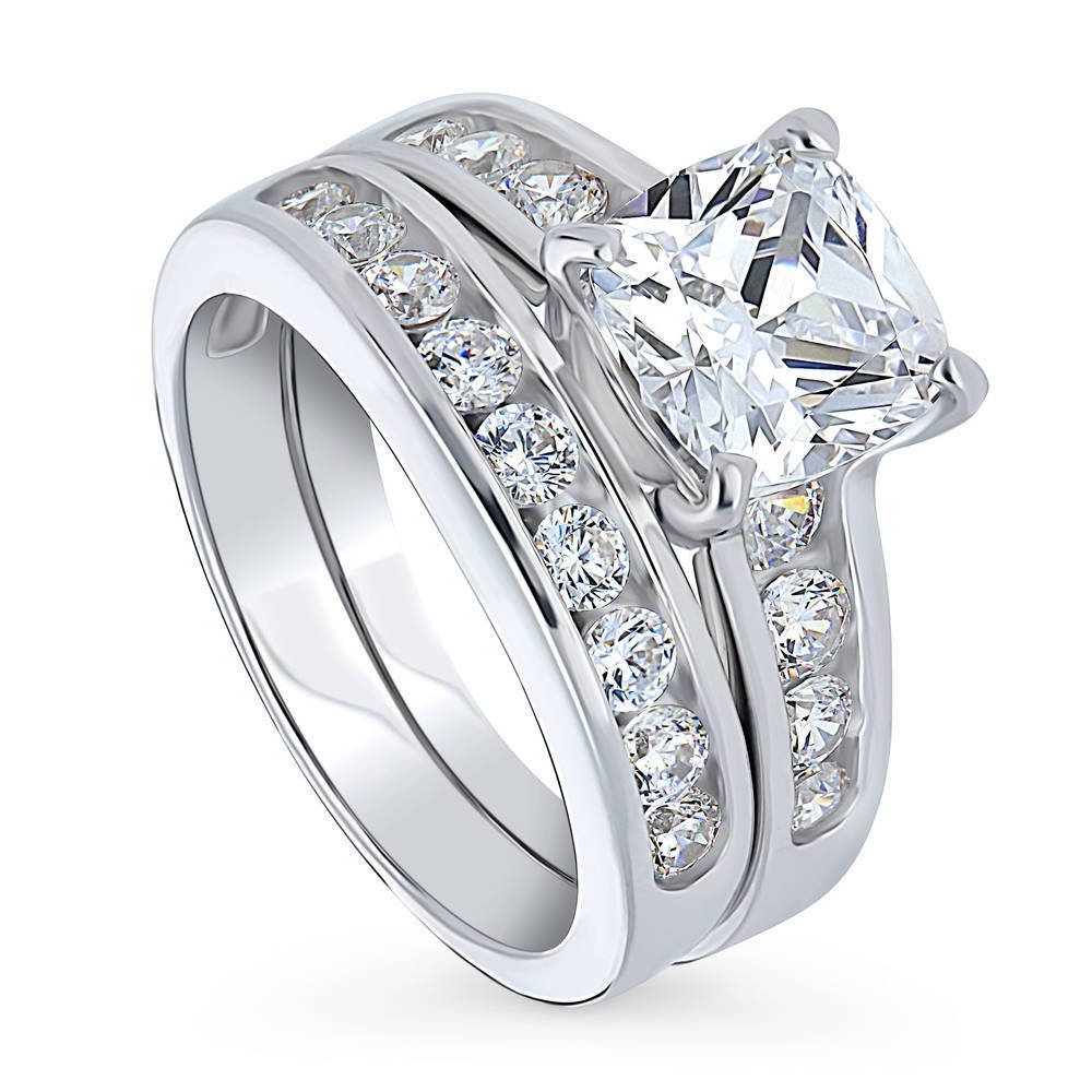 Front view of Solitaire 3ct Cushion CZ Ring Set in Sterling Silver, 4 of 16