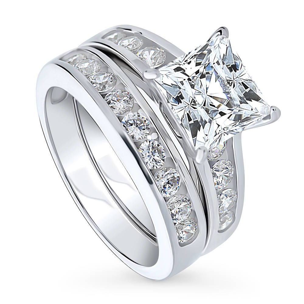 Solitaire 3ct Princess CZ Ring Set in Sterling Silver