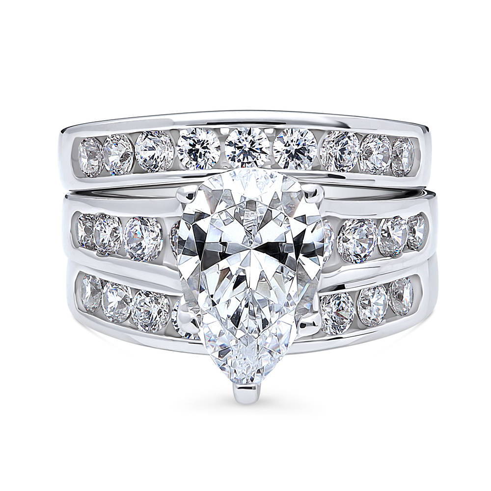 Solitaire 3ct Pear CZ Ring Set in Sterling Silver, 1 of 17