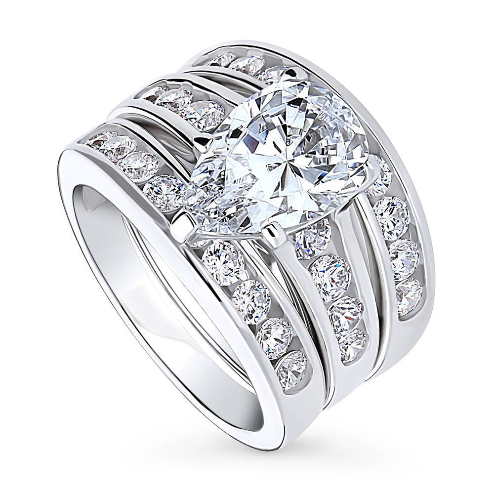 Front view of Solitaire 3ct Pear CZ Ring Set in Sterling Silver, 4 of 17