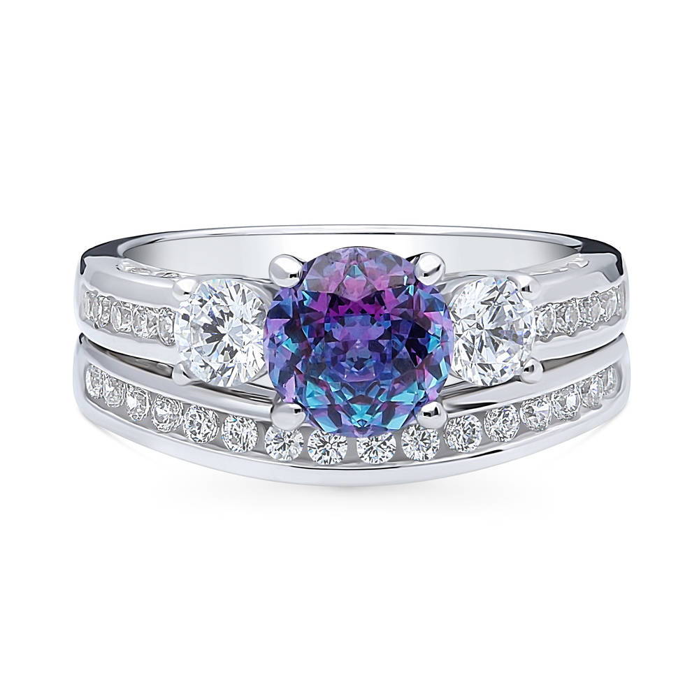3-Stone Kaleidoscope Purple Aqua CZ Ring Set in Sterling Silver, 1 of 16