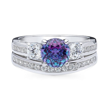 3-Stone Kaleidoscope Purple Aqua CZ Ring Set in Sterling Silver