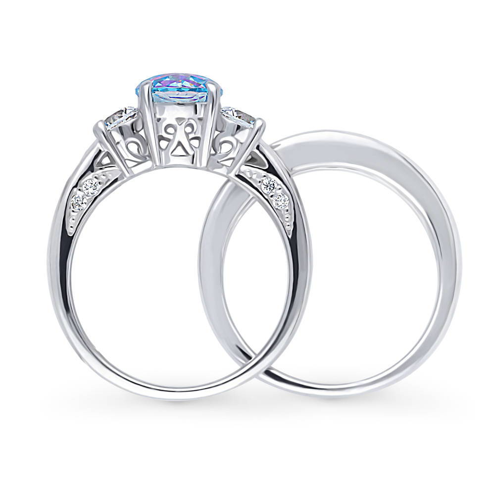 3-Stone Kaleidoscope Purple Aqua CZ Ring Set in Sterling Silver