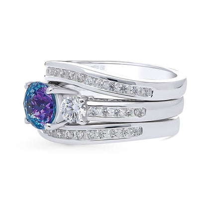 3-Stone Kaleidoscope Purple Aqua CZ Ring Set in Sterling Silver