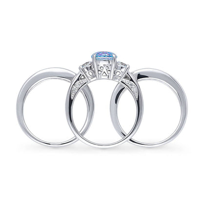 3-Stone Kaleidoscope Purple Aqua CZ Ring Set in Sterling Silver