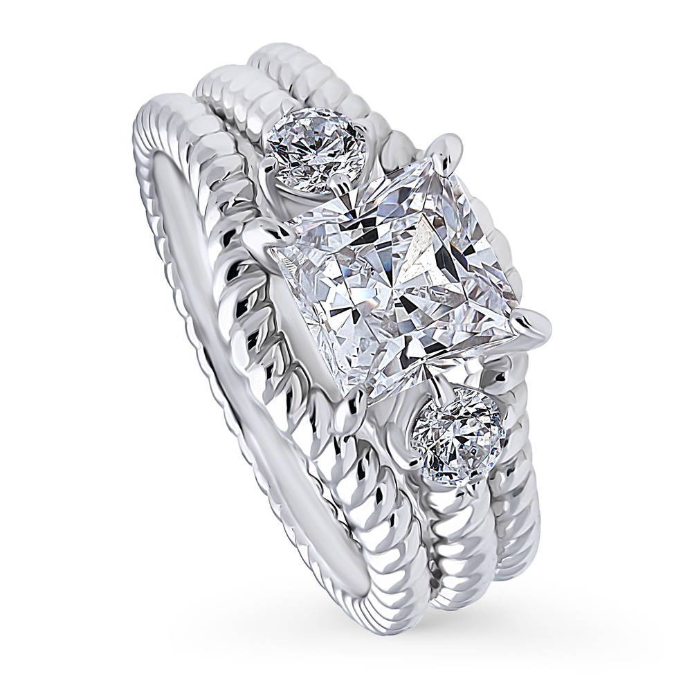 3-Stone Woven 2ct Princess CZ Ring Set in Sterling Silver