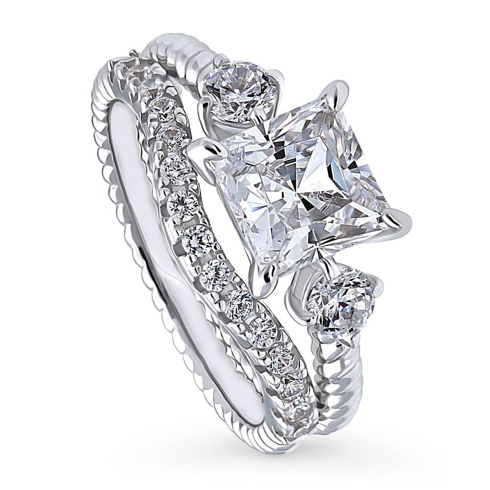Front view of 3-Stone Woven Princess CZ Ring Set in Sterling Silver, 4 of 16